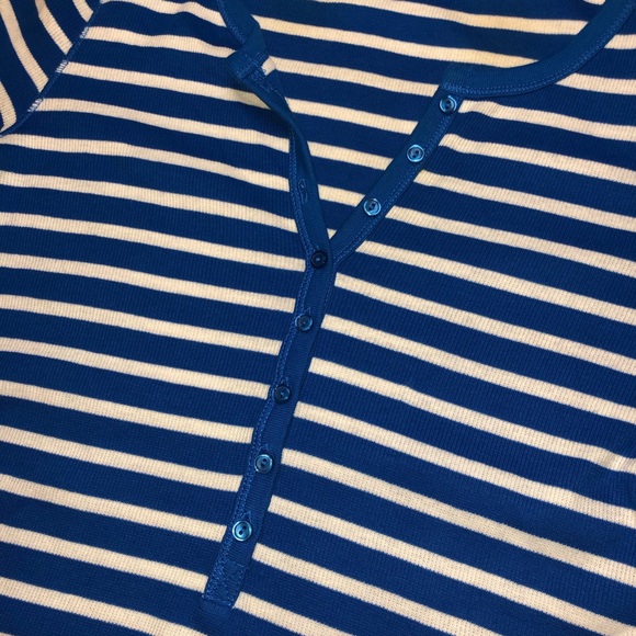 Original Self Esteem 🦋 Sticker on VTG Sz M Blue White Stripe Waffle Henley - Picture 7 of 9